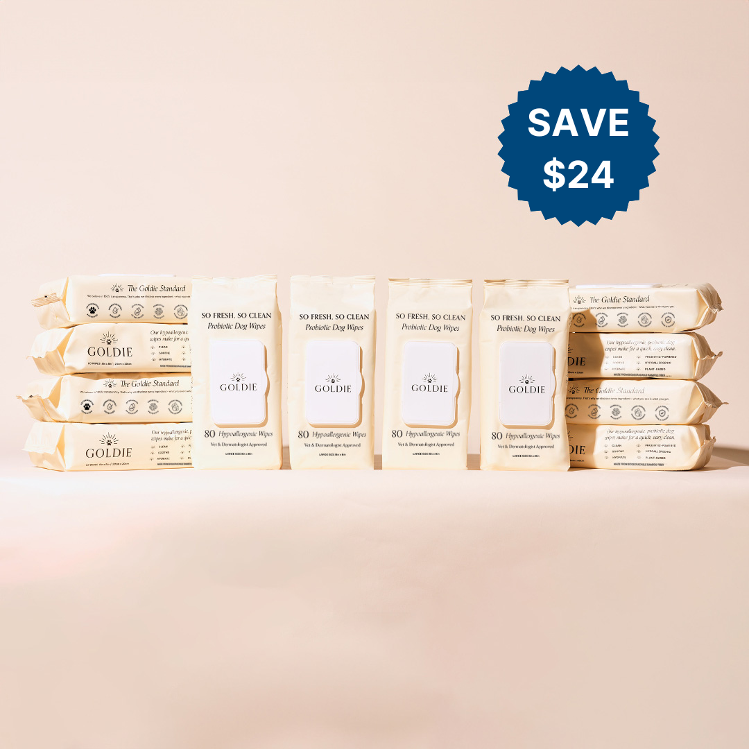 12-packs of Goldie wipes on a beige background with a 'Save $24' label.