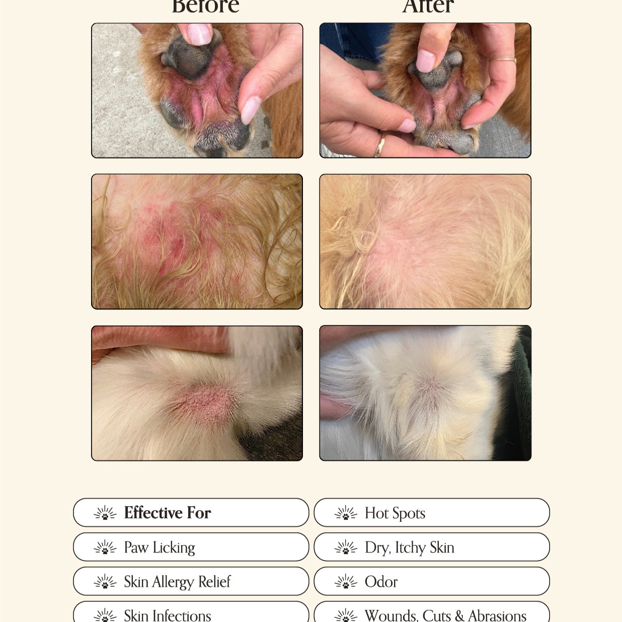 Before and after effects of Goldie Miracle Mist on a dog's skin and paws with visible improvements